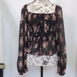 TRIXXI | Women's Brown/Pink Sheer Smocked Floral Long Sleeved Ruffled Blouse